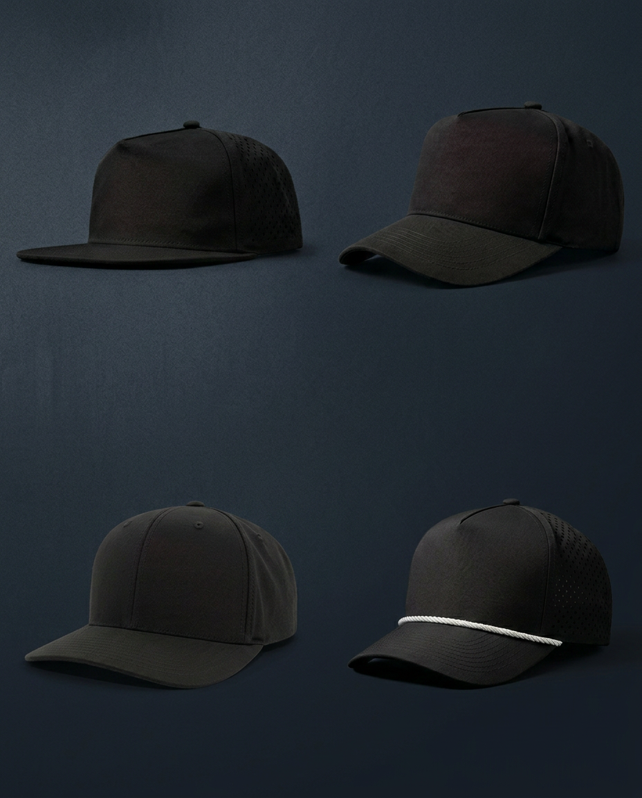 Team of friends wearing matching custom hats celebrating together